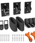 Black components of Garage Ceiling Kayak Hoist System With Safety Straps, Heavy Duty Pulley Lift For Kayaks, Holds Up To 150 Lbs, Fits 10 To 18 Foot Ceilings