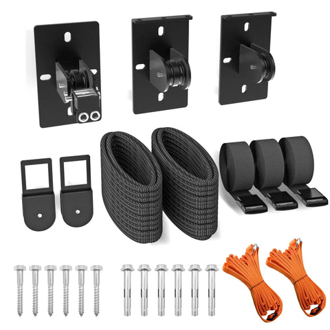 Black components of Garage Ceiling Kayak Hoist System With Safety Straps, Heavy Duty Pulley Lift For Kayaks, Holds Up To 150 Lbs, Fits 10 To 18 Foot Ceilings