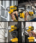Heavy Duty Brushless Cordless Impact Wrench With 500 Nm Torque And 369 Ft Lbs, showing versatile use on automotive and construction.