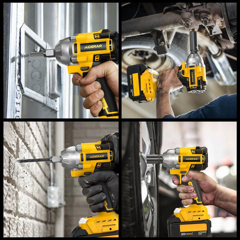 Heavy Duty Brushless Cordless Impact Wrench With 500 Nm Torque And 369 Ft Lbs, showing versatile use on automotive and construction.