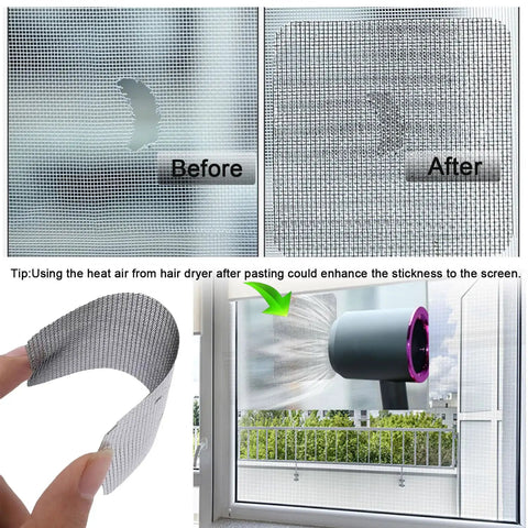Self Adhesive Window Screen Patch Kit That Sticks Easy Fiberglass Patch Tape For Quick Fixes On Tears And Holes In Windows Screen Doors Mesh Screens And Gauze Curtains 10 Patches 4x4 Inches Gray Heavy Duty And Durable in use on a window screen showing before and after repair results.