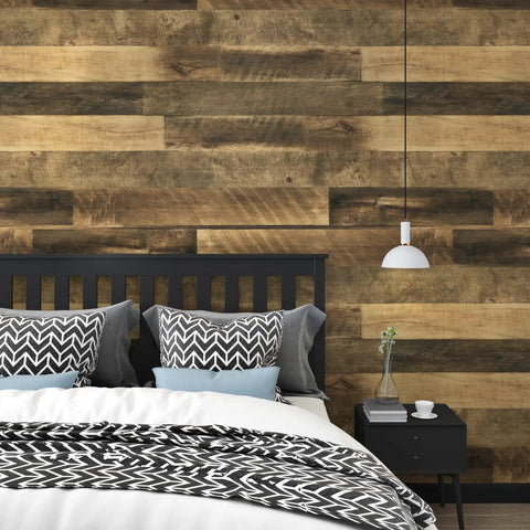 Brown Wood Contact Paper Peel And Stick Countertop Vinyl Wrap Waterproof Wood Grain Wallpaper on a bedroom wall.