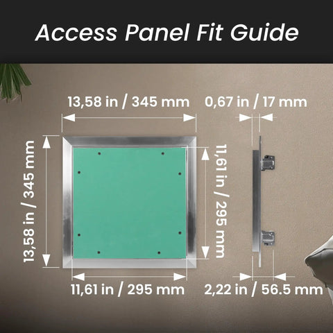 Solid Build 12X12 Inch Drywall Access Panel With Tough Aluminum Frame And Easy Click Finish dimensions fit guide image.