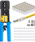 RJ45 Crimp Tool Kit With 50 Cat6 Pass Through Connectors And 50 Strain Relief Boots Plus Extra Blades EZ Cut Strip Crimp Ethernet Cables Pro Network Crimping Tool For Home Or Office DIY Friendly