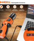 Cordless Electric Screwdriver 3.6V With Rear Flashlight 6 In 1 Furniture Assembly Set charging via USB next to laptop