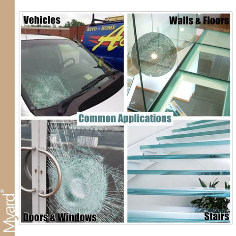 Collage of broken laminated and tempered clear glass applications in vehicles, walls, floors, doors, windows, and stairs
