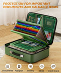 Open green Bombproof Fireproof Document Box With Lock Hard Case Organizer showcasing folders and storage for valuables.