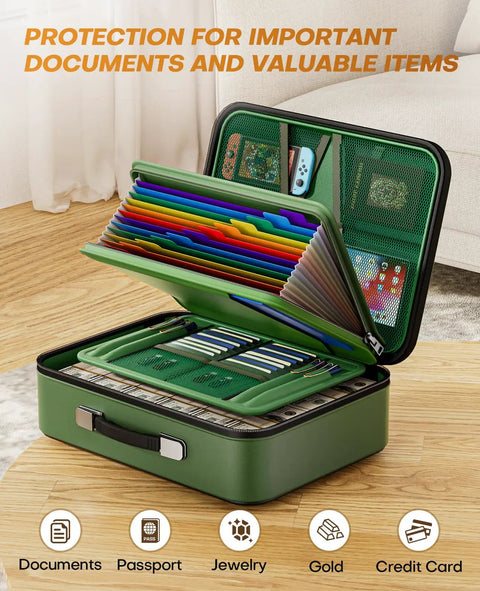 Open green Bombproof Fireproof Document Box With Lock Hard Case Organizer showcasing folders and storage for valuables.