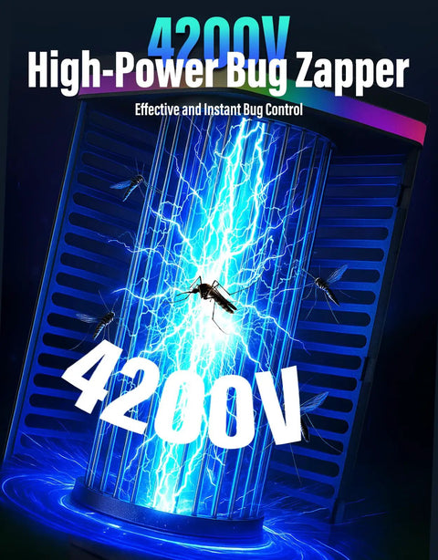 Close-up of Outdoor Cordless Mosquito Zapper With 4200V Electric Grid And LED Blue Light glowing with visible electric field.