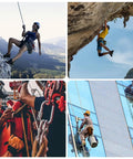 Collage of climbers and workers using rigging pulleys for climbing, rescue, and building maintenance.
