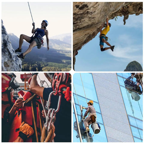 Collage of climbers and workers using rigging pulleys for climbing, rescue, and building maintenance.
