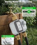 Heavy Duty Two Zone Sprinkler Timer With Brass Inlet For Garden Hose attached to outdoor faucet in rain, showing controls