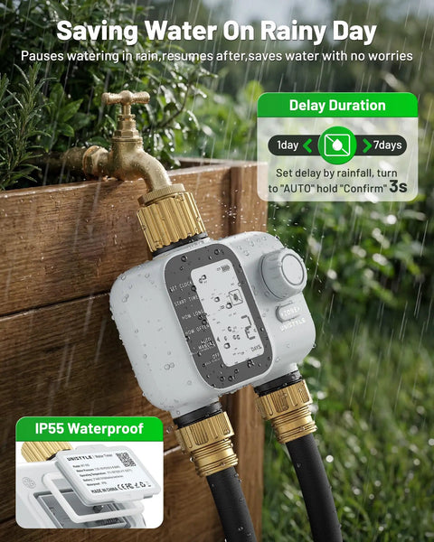 Heavy Duty Two Zone Sprinkler Timer With Brass Inlet For Garden Hose attached to outdoor faucet in rain, showing controls