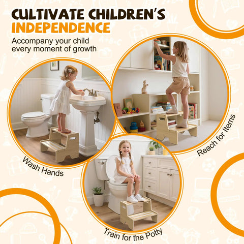 Child using Straight Up Solid Two Pack Wooden Step Stool For Toddlers for reaching sink and potty training.