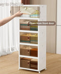 Heavy Duty Foldable Storage Bins With Smooth Rolling Wheels And Secure Door Lock Spacious Collapsible Plastic Containers For Closets Garage Attic Stackable Home Organizers No Sweat Assembly with stacked clothes in semi-clear bins.