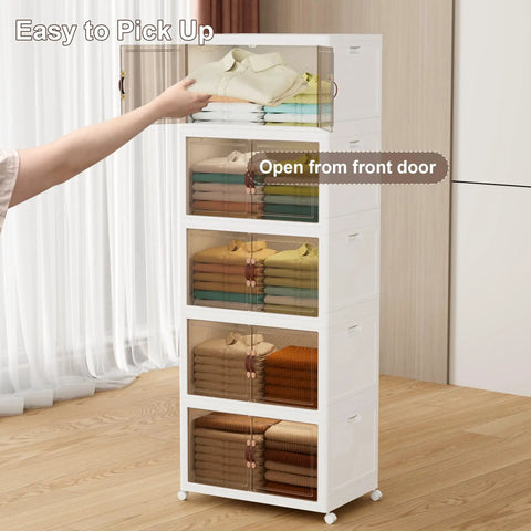 Heavy Duty Foldable Storage Bins With Smooth Rolling Wheels And Secure Door Lock Spacious Collapsible Plastic Containers For Closets Garage Attic Stackable Home Organizers No Sweat Assembly with stacked clothes in semi-clear bins.