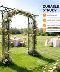 Sturdy Steel Garden Archway For Weddings And Yard Vibes in a backyard setup with floral decor and lattice panels.