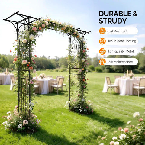 Sturdy Steel Garden Archway For Weddings And Yard Vibes in a backyard setup with floral decor and lattice panels.