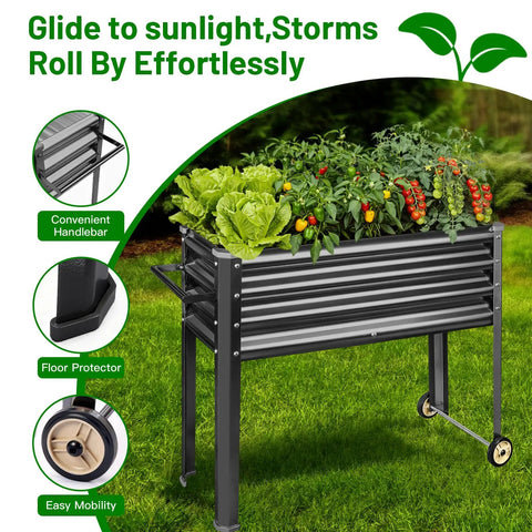 Heavy Duty Galvanized Raised Garden Bed With Legs And Wheels, Dark Grey, planted with vegetables, on grass