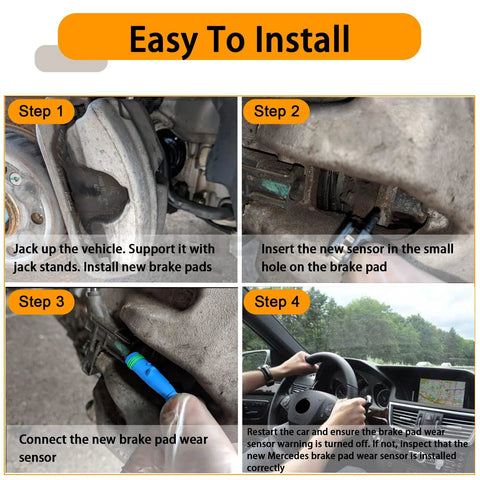 Brake pad wear sensor kit for Mercedes (BINB ROAD): four-step installation guide showing sensor insertion and wiring.