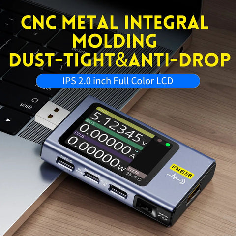 All In One USB Power Tester And Multimeter With App plugged into laptop displaying voltage on 2-inch LCD