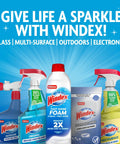 Windex cleaning products lineup including sprays, foam, and electronic wipes against a blue background promoting versatility.