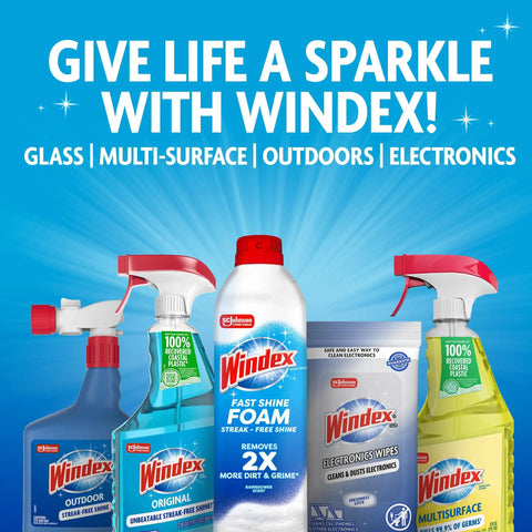 Windex cleaning products lineup including sprays, foam, and electronic wipes against a blue background promoting versatility.