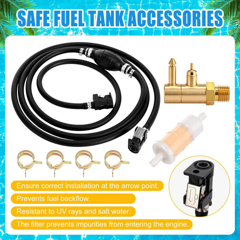Outboard Fuel Line Hose Kit Five Sixteenth Inch Ten Feet With Primer Bulb And Quick Female Tank Connector Plus Fuel Filter Brass Tank shown with components.