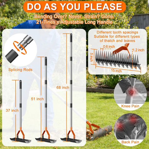 Heavy Duty Thatch Rake For Lawn With 68 Inch Adjustable Handle 15 Inch Dethatcher Rake Dual Action Tines Avoids Strain