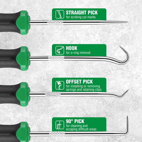 4-Piece Hook And Pick Set With Hardened Steel Shafts And Chrome Plated Finish For Anti Rust Durability, Ultra Fine Tips, Includes Straight Pick, Offset Pick, 90 Degree Pick, And Hook For Precision Repair And Detail Work. Shown with straight, hook, offset, and 90° picks.