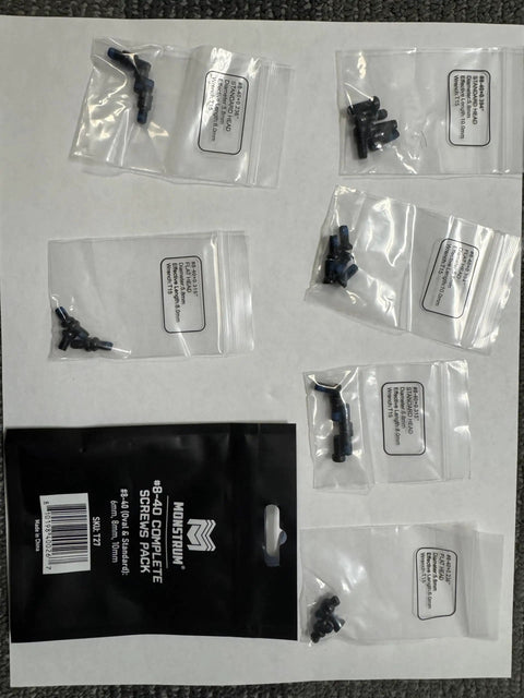 Premium Gunsmithing Screws Size 8-40 Torx T10 in packaged sets for optics, including 6mm, 8mm, and 10mm sizes.