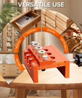 Pro Grade Adjustable Width Dowel Jig For Woodworking on table, with imperial scale and drill bits shown in versatile use