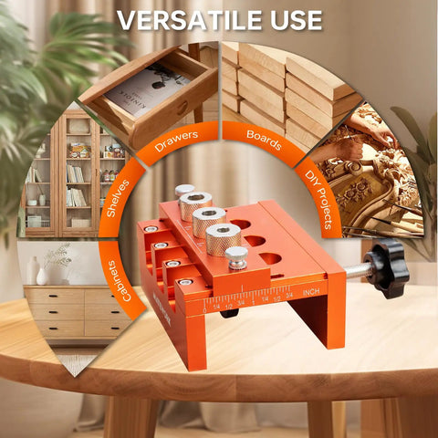 Pro Grade Adjustable Width Dowel Jig For Woodworking on table, with imperial scale and drill bits shown in versatile use