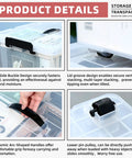 Image shows features of Two Pack 40 Gallon Heavy Duty Storage Bins With Smooth Rolling Wheels And Clinch Tight Lids, Clear Stackable Plastic Containers For Garage Setup, Built Tough And Zero Hassle.