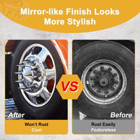 Comparison of semi truck wheel with and without Chrome 33mm Pointed Axle Cover Kit For Semi Trucks With Screw On Lug Nut Covers