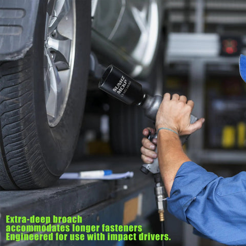 Mechanic using Half Inch Drive Impact Socket 34mm Deep 6 Point For Axle Nut Removal on car wheel in garage