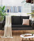 Three Person Outdoor Hanging Porch Swing Chair With Cushions And Adjustable Chain 76 Inch Wicker Bench Steel Frame Gray