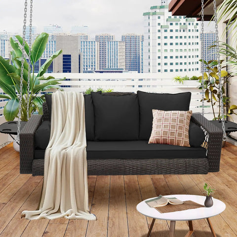 Three Person Outdoor Hanging Porch Swing Chair With Cushions And Adjustable Chain 76 Inch Wicker Bench Steel Frame Gray
