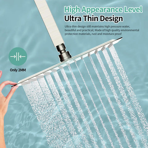Side view of 12 Inch Rain Shower Head High Pressure Rainfall Showerhead with water flow, ultra thin 2mm panel, brushed nickel finish.