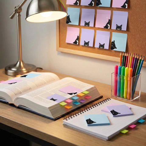 Black Cat 3x3 Sticky Notes Set on open book and cork board, colorful memo pads for office desk and back to school supplies.