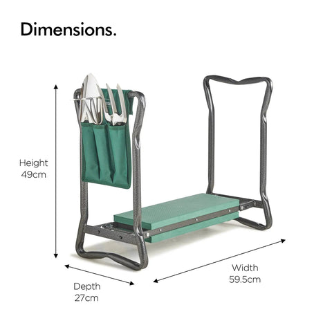 2 In 1 Portable Garden Kneeler Bench And Seat Stool With Tool Bag Accessory, Folding Steel Frame With EVA Foam Cushions, dimensions 59.5x27x49cm