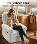 Woman relaxing in a beige chenille swivel rocker recliner in RV kitchen, enjoying comfort while traveling.