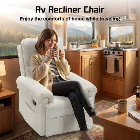 Woman relaxing in a beige chenille swivel rocker recliner in RV kitchen, enjoying comfort while traveling.