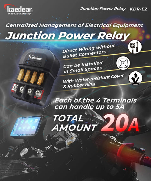Motorcycle Power Relay Kit DC 12V 20A Waterproof 4 Way Fuse Block ACC Splitter with image of waterproof junction box and motorcycle
