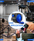 80 Ft Retractable Air Hose Reel Ultimate Garage Workhorse For Air Compressors 300 Psi Max 3 8 Inch Hybrid Tubing in a garage setup.