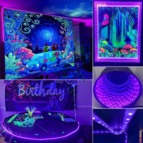 40ft Black Light Strip With 720 LEDs, Flexible Adhesive UV Glow Lit Neon Light For Halloween Parties And Displays, Cuttable Every 3 LEDs decorating room with posters and decor