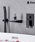 Waterfall Tub Filler Faucet With Hand Shower, wall mounted matte black fixture in modern bathroom, seen with tub edge