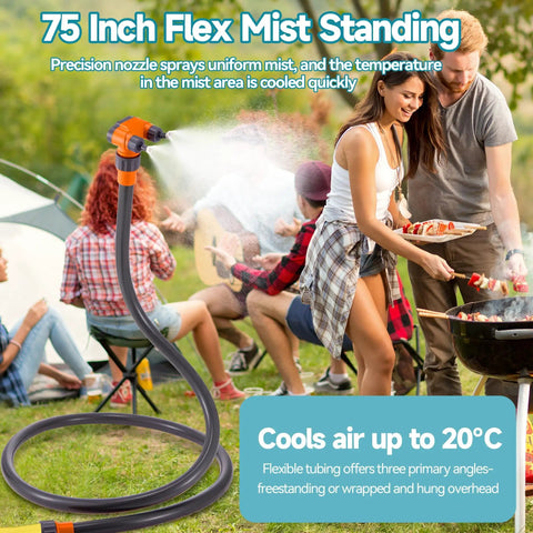 Outdoor Misting System For Patio And Yard, 75 Inch Premium Hose Mister cooling a group of people at a BBQ with misting nozzles.