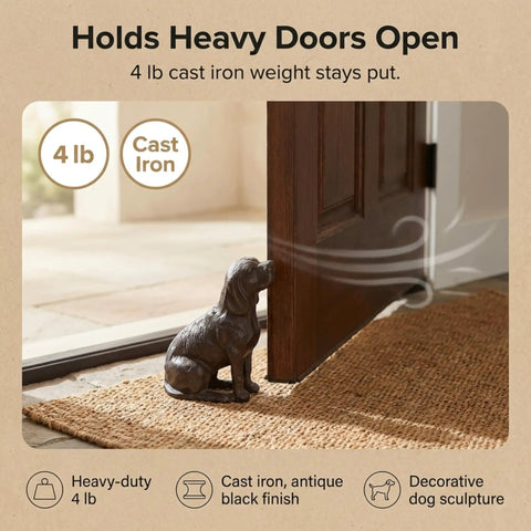 Hand Crafted Cast Iron Dog Door Stopper Antique Black Finish Sturdy 4 Lb Statue Sculpture holds door open on rug