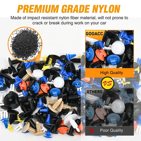Assorted auto fastener clips in premium nylon, part of the All In One Car Push Retainer Clips And Auto Fasteners Kit 975 Pieces.